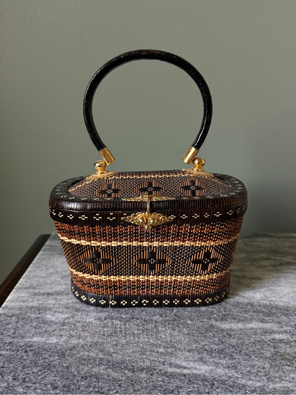 Vintage Thai Yan Lipao Woven Bag with Gold Tone Hardware